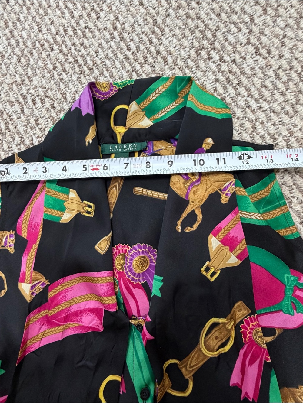 Lauren Ralph Lauren Equestrian Blouse Sz 10 Black Horse Bit Ribbon Tie Neck Top - Picture 9 of 13
